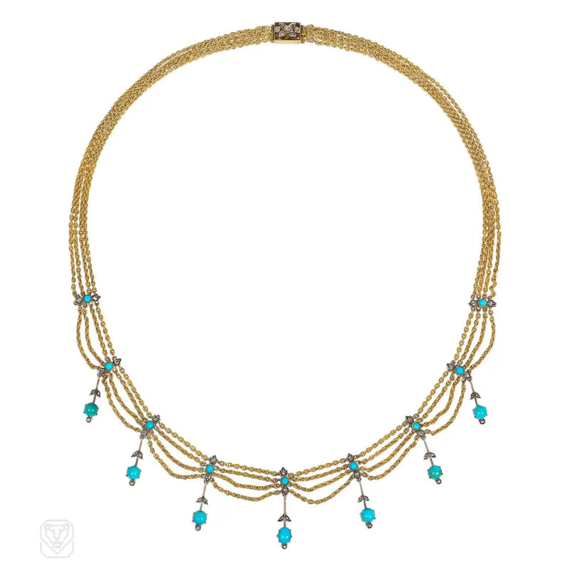 Antique Gold Turquoise And Diamond Festoon Necklace