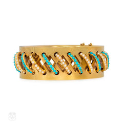 Antique gold, turquoise and pearl cuff bracelet