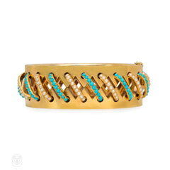 Antique gold, turquoise and pearl cuff bracelet