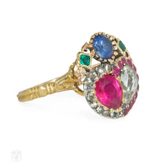 Antique multigem double heart ring