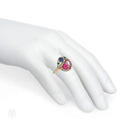 Antique multigem double heart ring