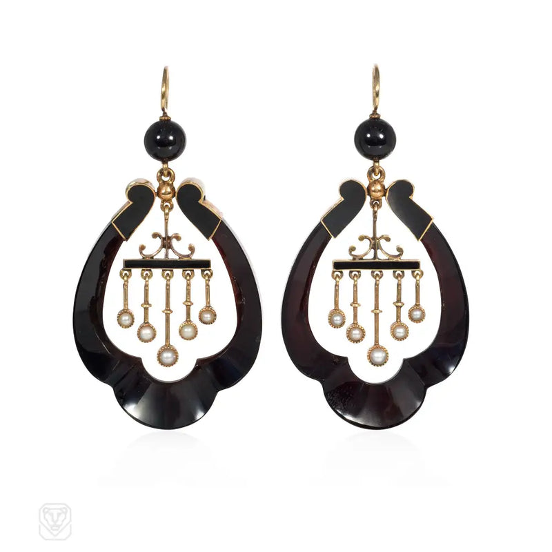 Antique Onyx And Pearl Fringe Pendant Earrings