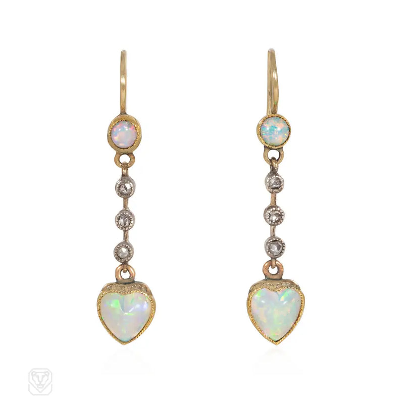 Antique Opal Heart Pendant Earrings