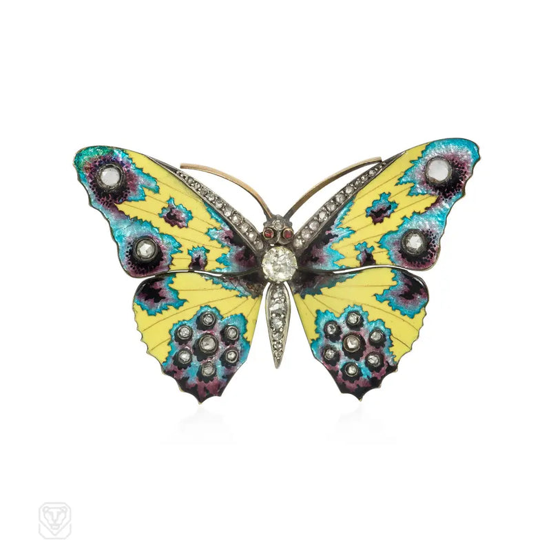 Antique polychrome enamel butterfly brooch