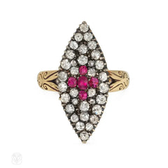 Antique ruby and diamond navette shaped ring