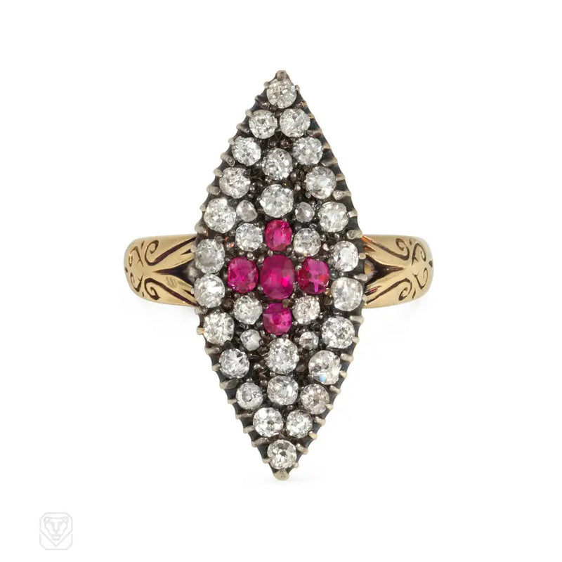 Antique Ruby And Diamond Navette Shaped Ring