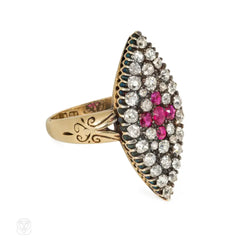 Antique ruby and diamond navette shaped ring