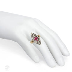 Antique ruby and diamond navette shaped ring