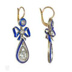 Antique Russian diamond and enamel bow earrings