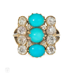 Antique three-row turquoise and diamond ring