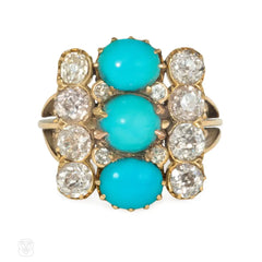 Antique three-row turquoise and diamond ring