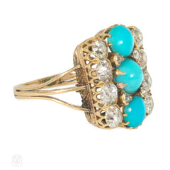 Antique three-row turquoise and diamond ring