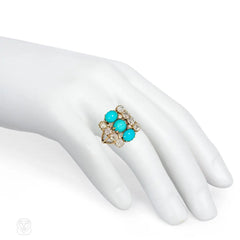 Antique three-row turquoise and diamond ring