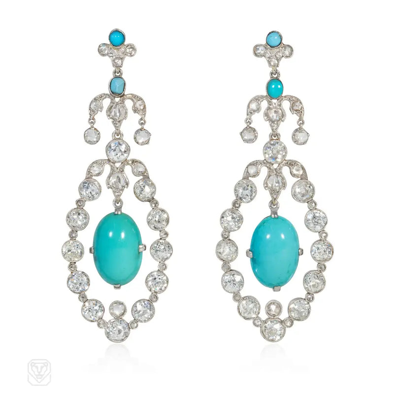 Antique Turquoise And Diamond Pendant Earrings