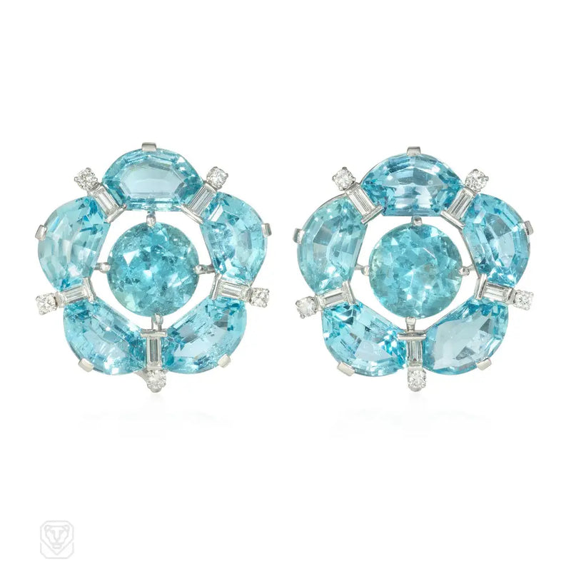 Aquamarine And Diamond Flower Earrings