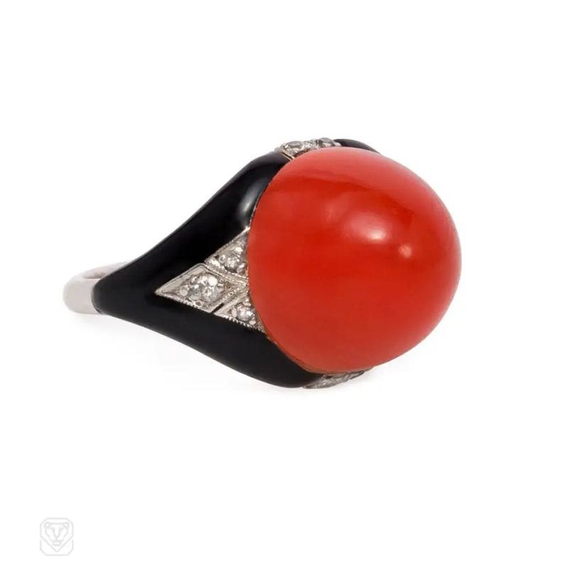 Art Deco Cabochon Coral And Enamel Ring