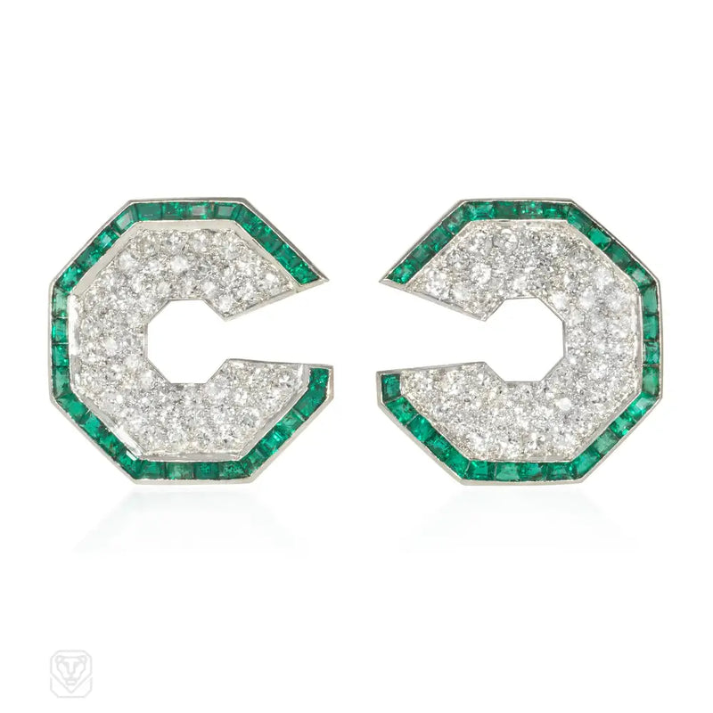 Art Deco Emerald And Diamond Octagonal Earrings