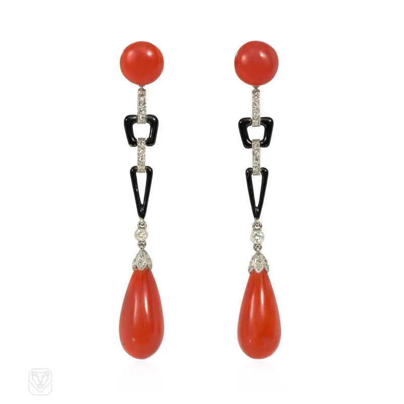 Art Deco French coral enamel and diamond earrings