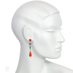 Art Deco French coral, enamel, and diamond earrings