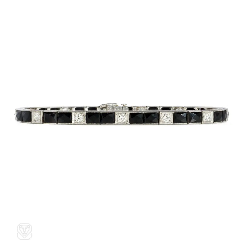 Art Deco French-Cut Onyx And Diamond Line Bracelet