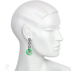 Art Deco jade, onyx, and diamond earrings, French import