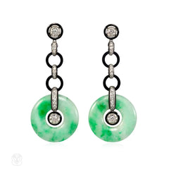 Art Deco jade, onyx, and diamond earrings, French import