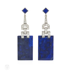 Art Deco lapis and diamond pendant earrings