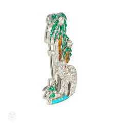 Art Deco multi-gem elephant oasis brooch