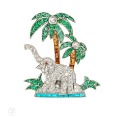 Art Deco multi-gem elephant oasis brooch