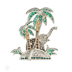 Art Deco multi-gem elephant oasis brooch