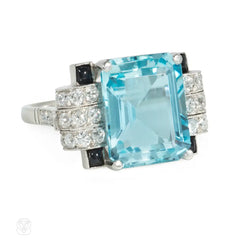 Art deco onyx, diamond and aquamarine ring