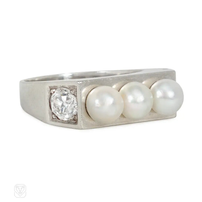 Art Moderne Diamond And Natural Pearl Ring