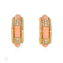 Boucheron, Paris interchangeable diamond, wood, and coral hoop earrings