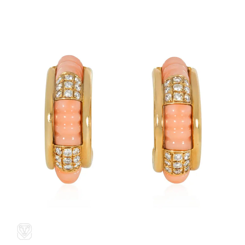 Boucheron Paris Interchangeable Diamond Wood And Coral Hoop Earrings