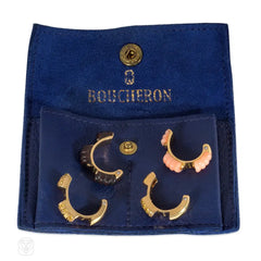 Boucheron, Paris interchangeable diamond, wood, and coral hoop earrings