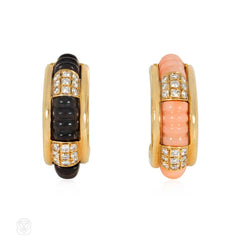 Boucheron, Paris interchangeable diamond, wood, and coral hoop earrings