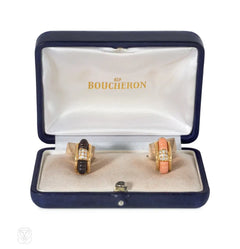 Boucheron, Paris interchangeable diamond, wood, and coral hoop earrings