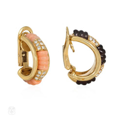 Boucheron, Paris interchangeable diamond, wood, and coral hoop earrings