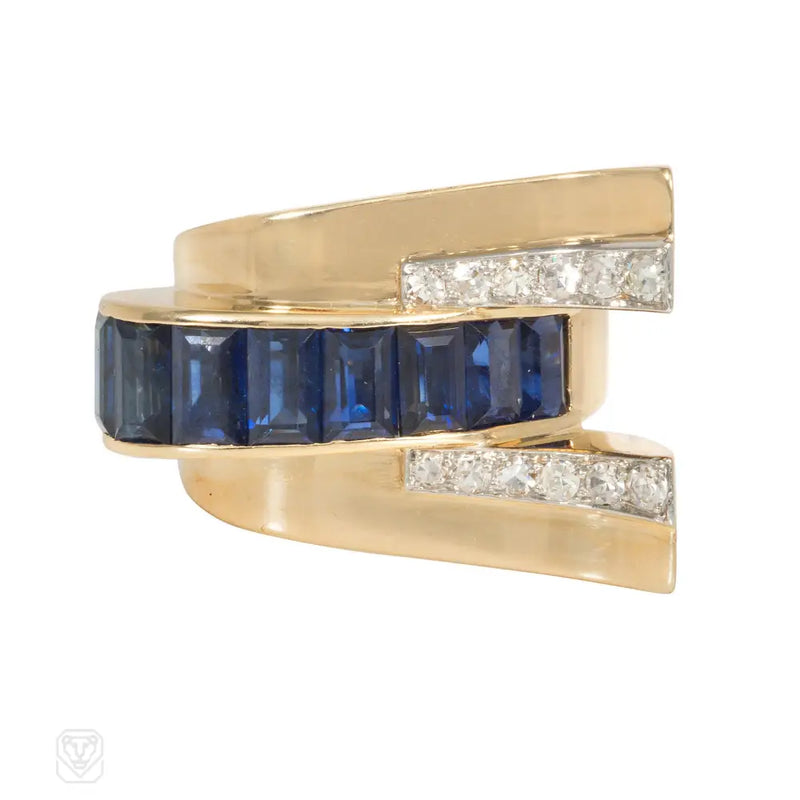 A Retro Gold Sapphire And Diamond Ring Of Bypass Design C...