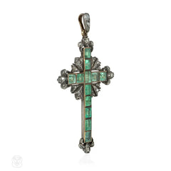 Early French antique diamond and emerald cross