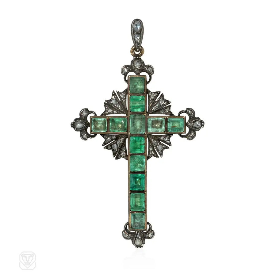 Early French Antique Diamond And Emerald Cross