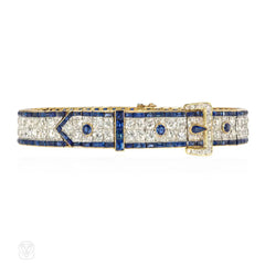 Edwardian Charles Holl diamond and sapphire strap bracelet