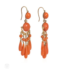 French antique coral and pearl fringe pendant earrings