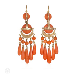 French antique coral and pearl fringe pendant earrings