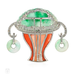 French Art Deco diamond, jade and coral topiary brooch