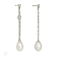 French Art Deco natural pearl and diamond pendant earrings