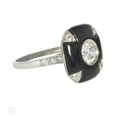 French Art Deco onyx and diamond plaque ring