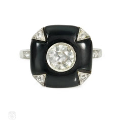 French Art Deco onyx and diamond plaque ring