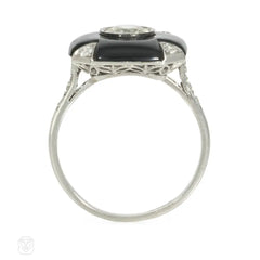 French Art Deco onyx and diamond plaque ring