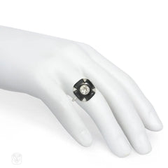 French Art Deco onyx and diamond plaque ring